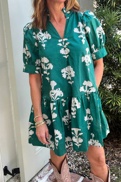 Green Frilled V Neck Puff Short Sleeve Floral Mini Dress