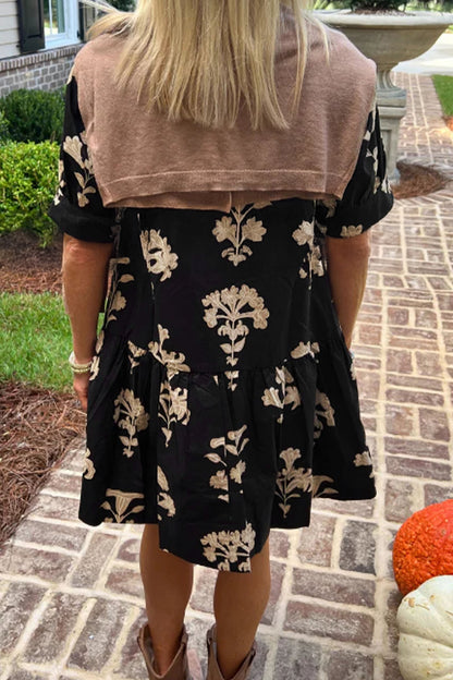 Green Frilled V Neck Puff Short Sleeve Floral Mini Dress