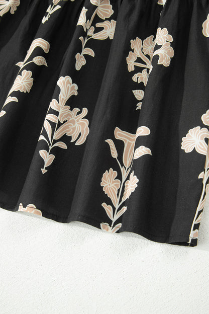 Green Frilled V Neck Puff Short Sleeve Floral Mini Dress