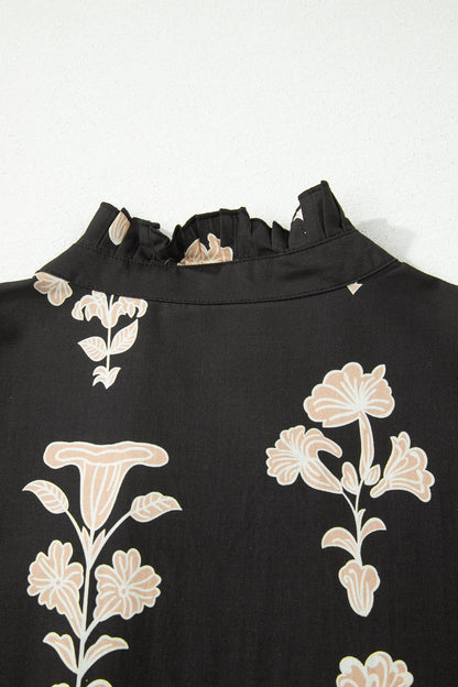 Green Frilled V Neck Puff Short Sleeve Floral Mini Dress