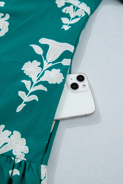 Green Frilled V Neck Puff Short Sleeve Floral Mini Dress