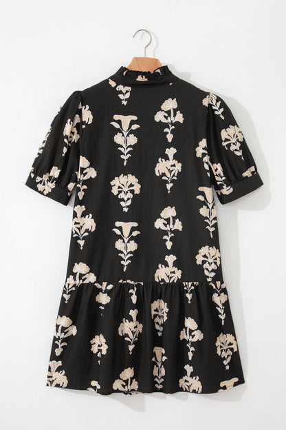 Green Frilled V Neck Puff Short Sleeve Floral Mini Dress