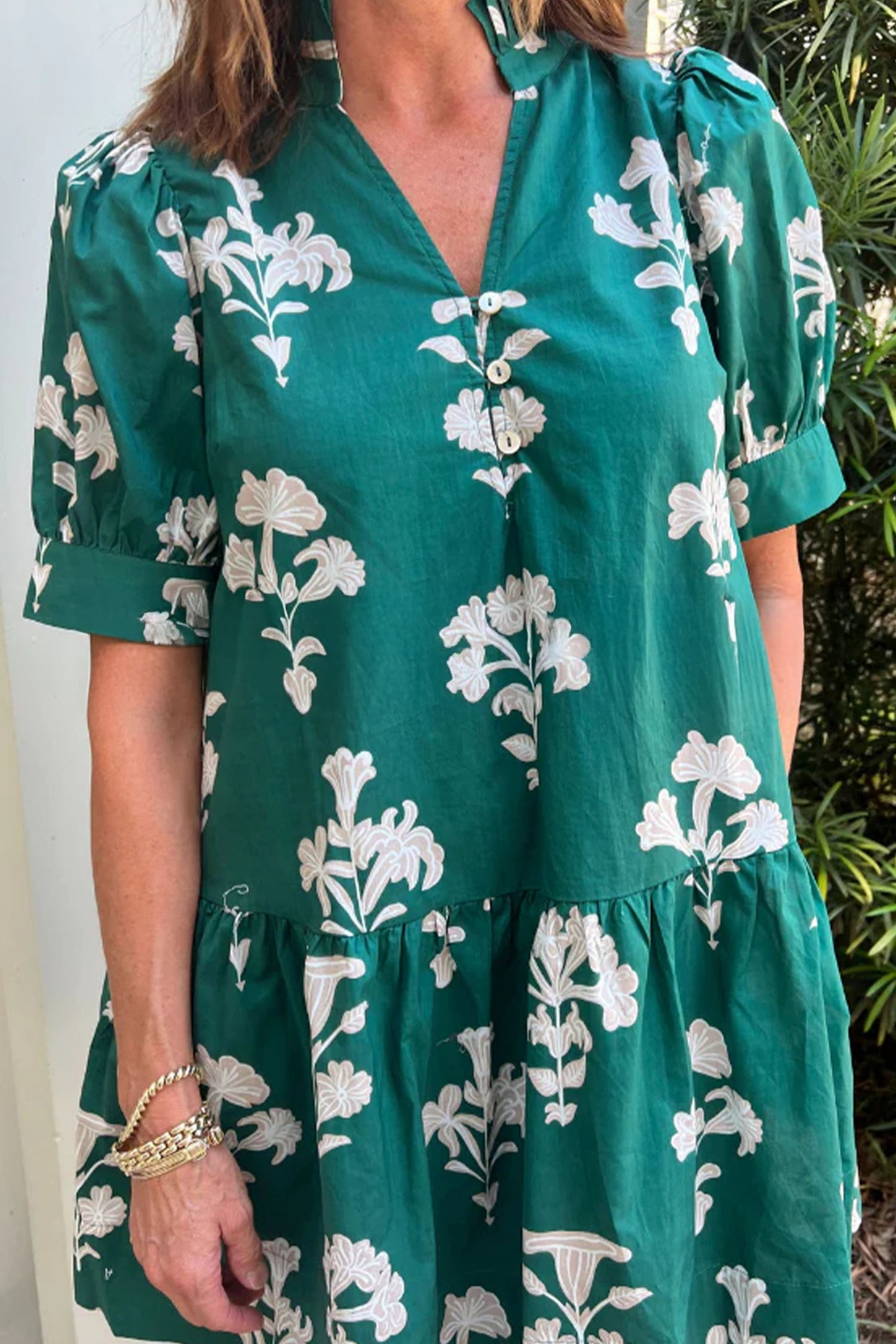 Green Frilled V Neck Puff Short Sleeve Floral Mini Dress