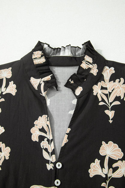 Green Frilled V Neck Puff Short Sleeve Floral Mini Dress