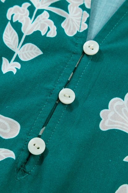 Green Frilled V Neck Puff Short Sleeve Floral Mini Dress