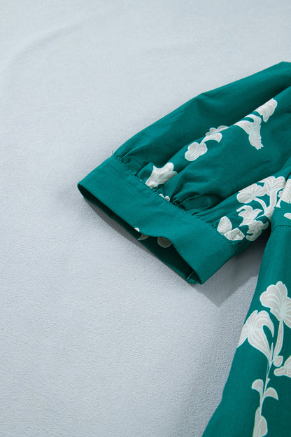 Green Frilled V Neck Puff Short Sleeve Floral Mini Dress