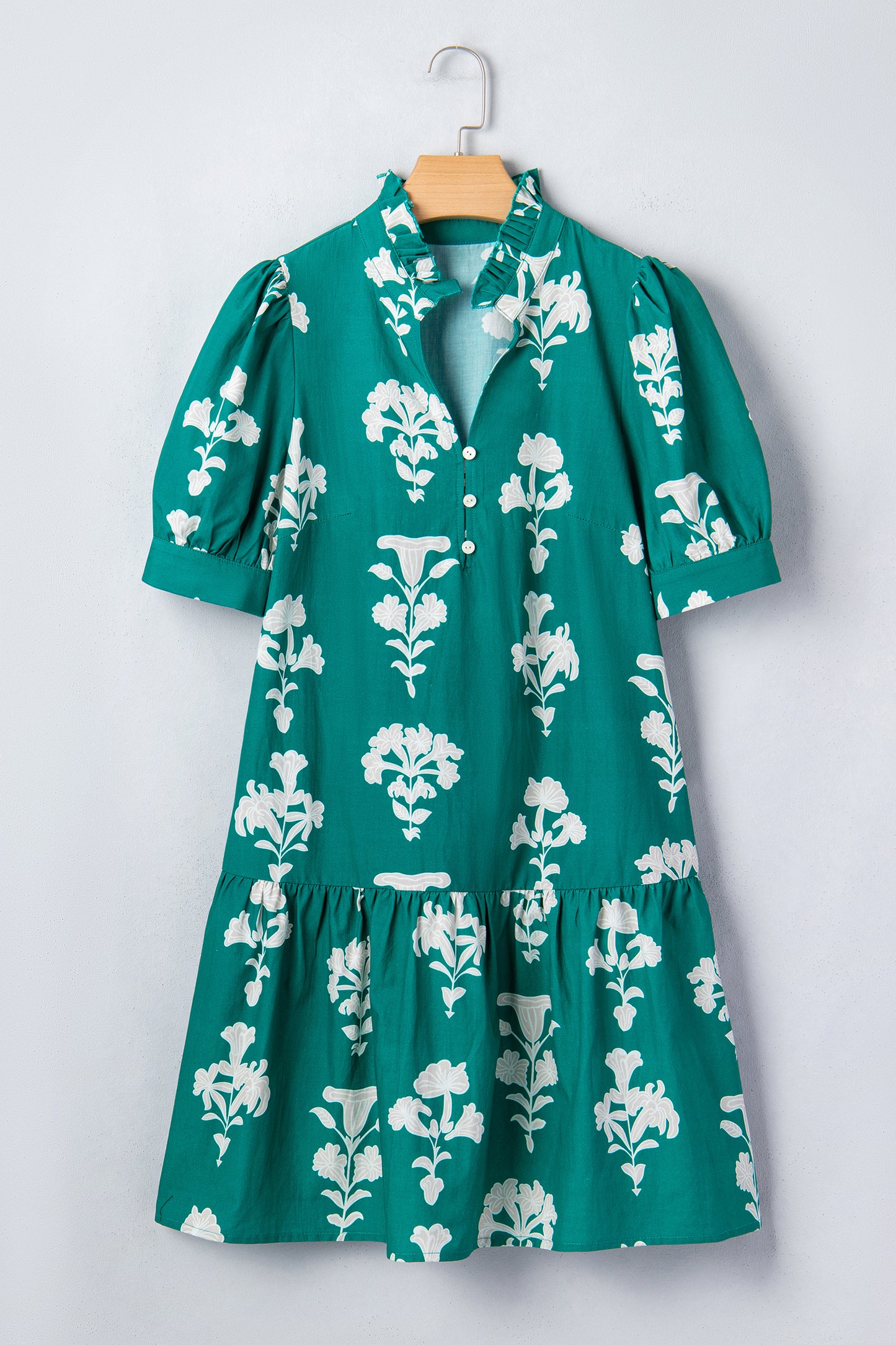 Green Frilled V Neck Puff Short Sleeve Floral Mini Dress