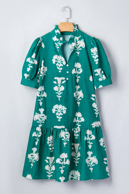 Green Frilled V Neck Puff Short Sleeve Floral Mini Dress