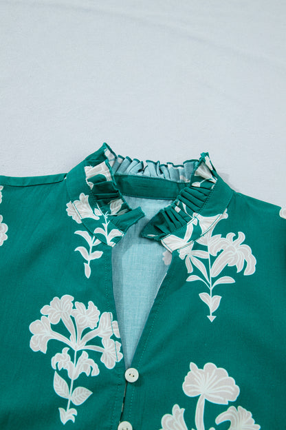 Green Frilled V Neck Puff Short Sleeve Floral Mini Dress