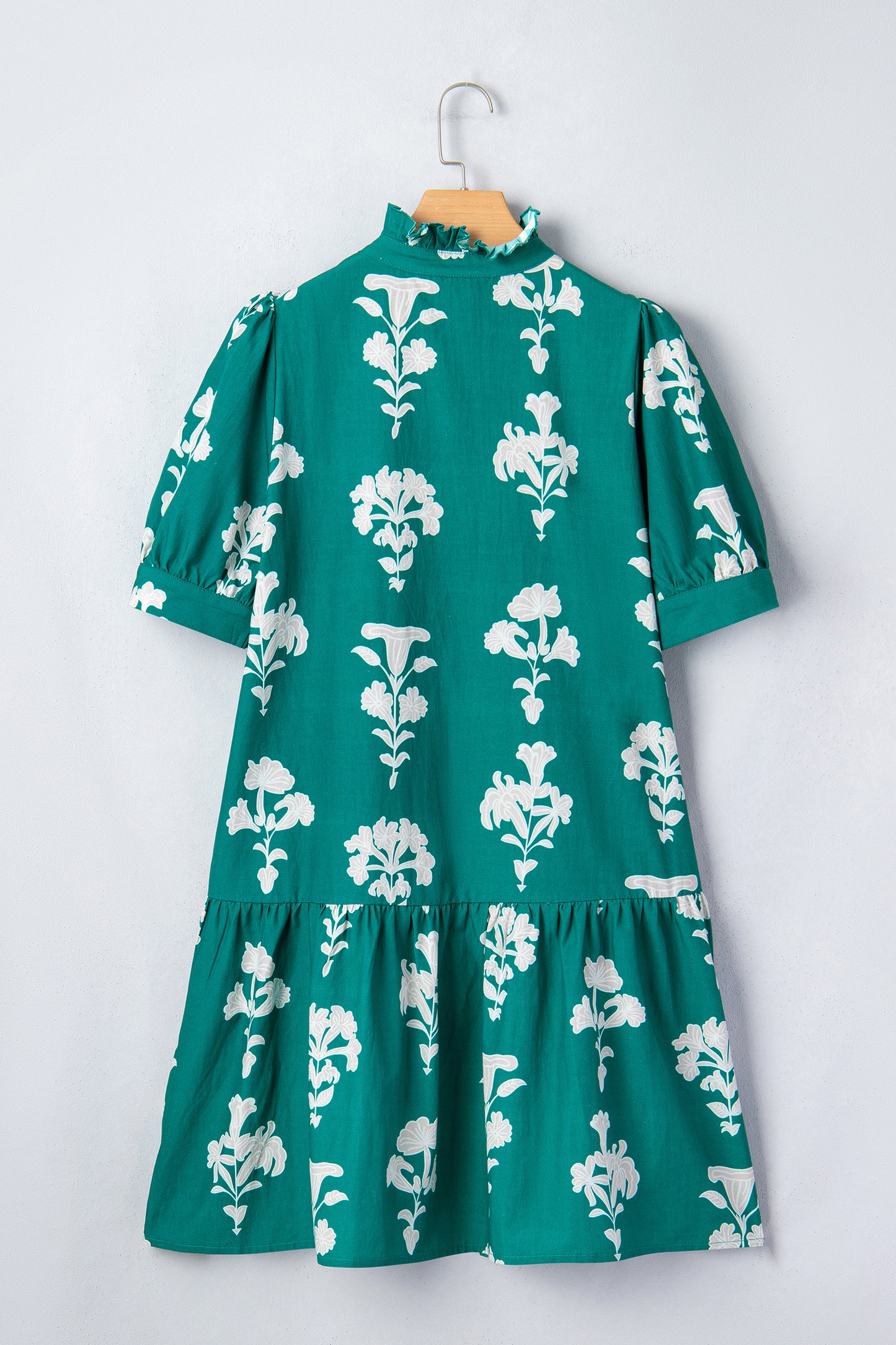 Green Frilled V Neck Puff Short Sleeve Floral Mini Dress