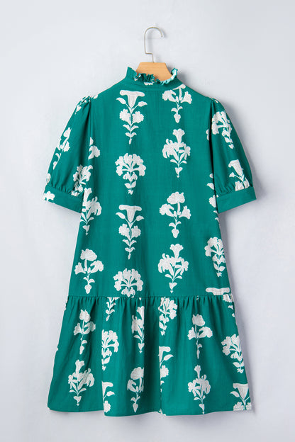 Green Frilled V Neck Puff Short Sleeve Floral Mini Dress