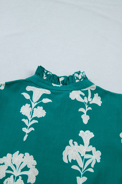 Green Frilled V Neck Puff Short Sleeve Floral Mini Dress