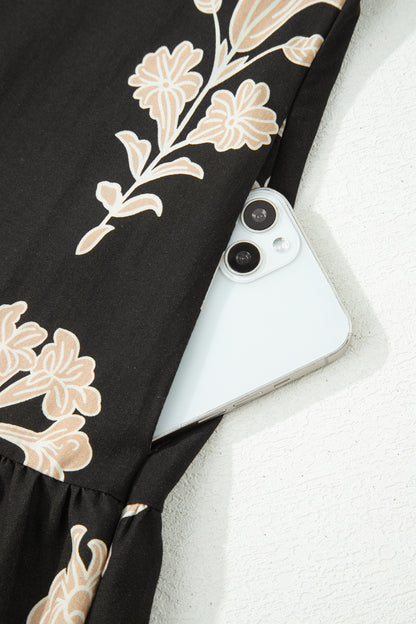 Green Frilled V Neck Puff Short Sleeve Floral Mini Dress