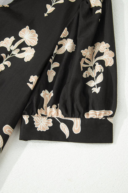 Green Frilled V Neck Puff Short Sleeve Floral Mini Dress