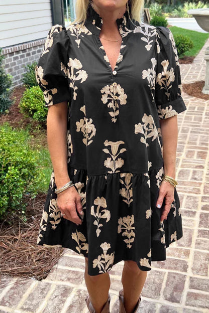 Green Frilled V Neck Puff Short Sleeve Floral Mini Dress